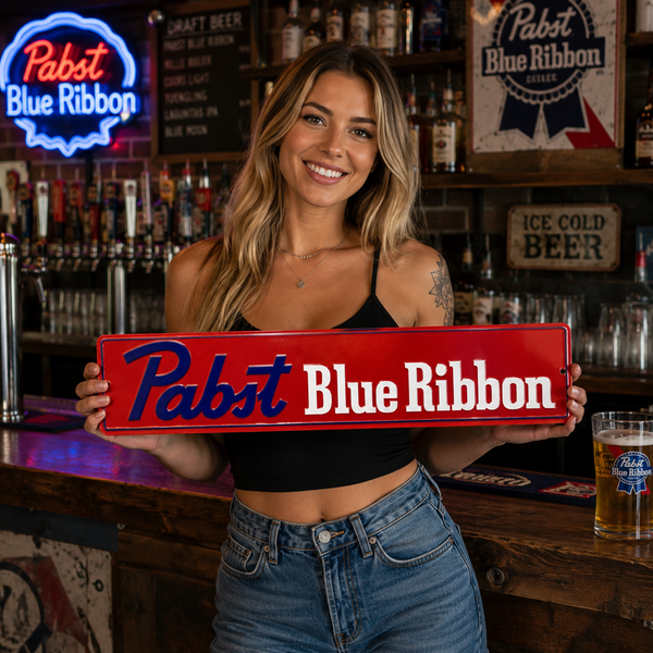 Pabst Blue Ribbon Embossed Metal Street Sign Bar Man Cave Garage Wall Decor 24"