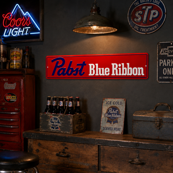 Pabst Blue Ribbon Embossed Metal Street Sign Bar Man Cave Garage Wall Decor 24"