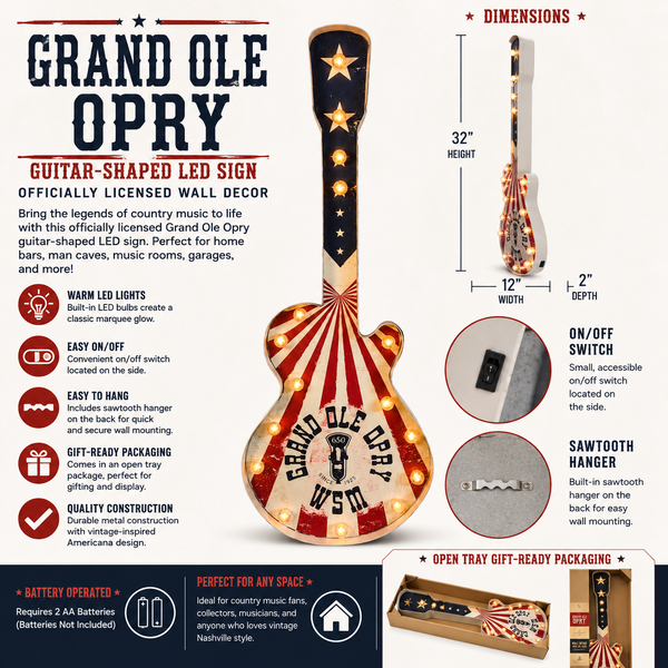 Grand Ole Opry Guitar-Shaped LED Marquee Wall Decor Sign 32 Inch Licensed Country Music Light-Up Wall Art