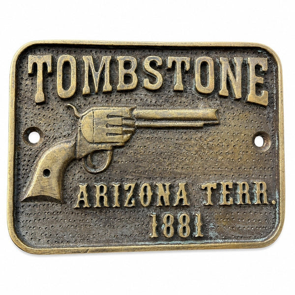 Tombstone Brass Plaque Antique Finish Old West Pistol Wall Decor 4" x 3"