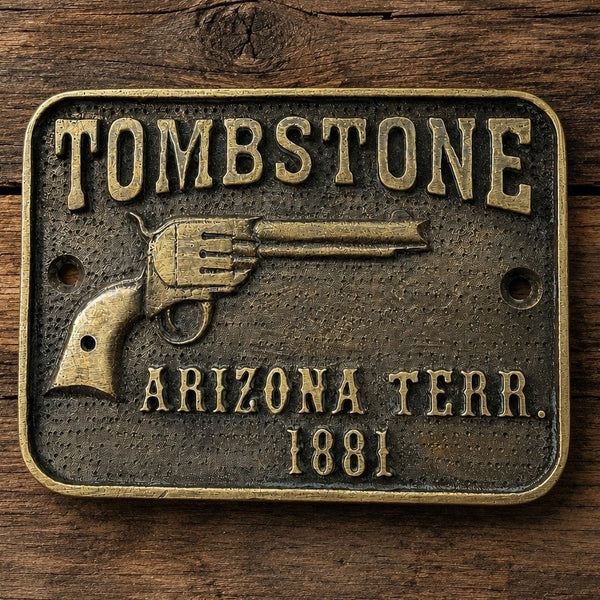 Tombstone Brass Plaque Antique Finish Old West Pistol Wall Decor 4" x 3"