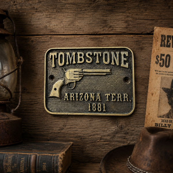 Tombstone Brass Plaque Antique Finish Old West Pistol Wall Decor 4" x 3"
