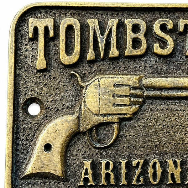 Tombstone Brass Plaque Antique Finish Old West Pistol Wall Decor 4" x 3"