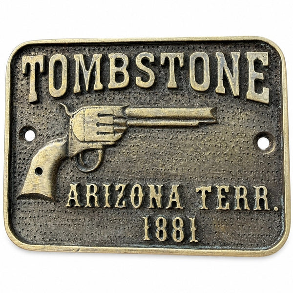 Tombstone Brass Plaque Antique Finish Old West Pistol Wall Decor 4" x 3"