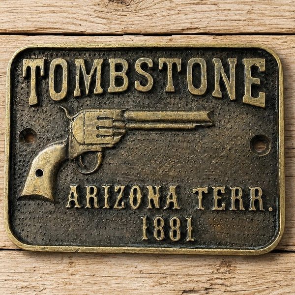 Tombstone Brass Plaque Antique Finish Old West Pistol Wall Decor 4" x 3"