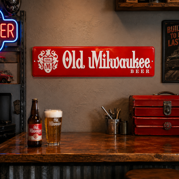 Old Milwaukee Beer Sign, Embossed Metal Street Sign, 24" x 5" Vintage-Inspired Wall Decor