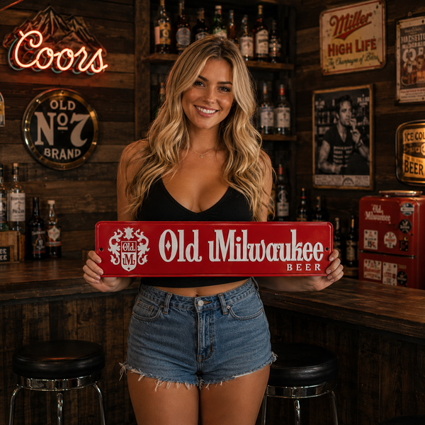 Old Milwaukee Beer Sign, Embossed Metal Street Sign, 24" x 5" Vintage-Inspired Wall Decor