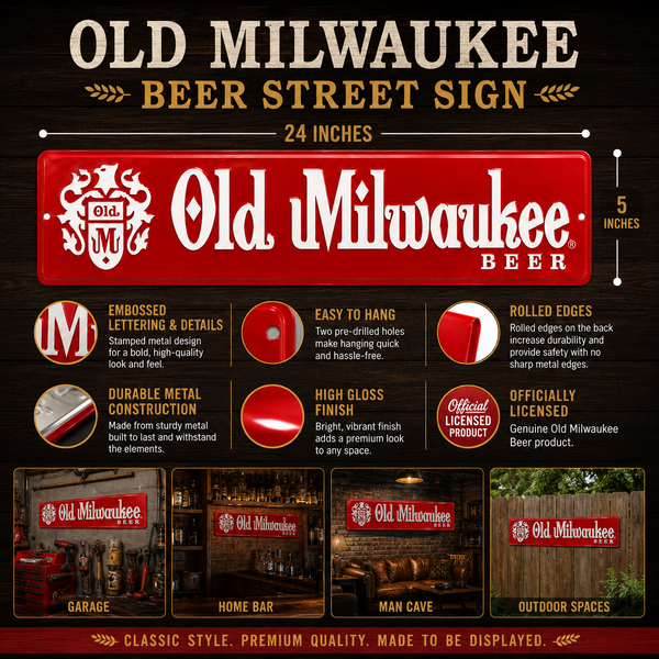 Old Milwaukee Beer Sign, Embossed Metal Street Sign, 24" x 5" Vintage-Inspired Wall Decor