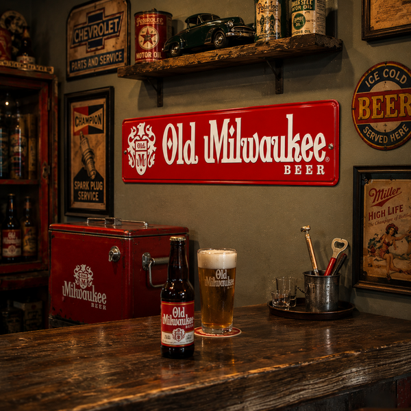 Old Milwaukee Beer Sign, Embossed Metal Street Sign, 24" x 5" Vintage-Inspired Wall Decor