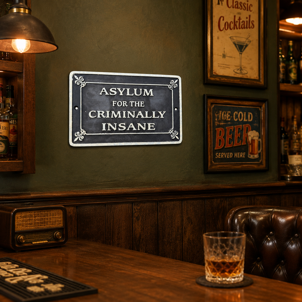 Asylum For The Criminally Insane Plaque – 8" x 5" Vintage Style Wall Sign
