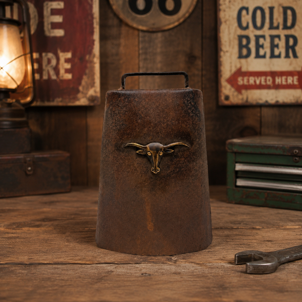 Rustic Cowbell With Brass Steer Head Western Farmhouse Decor Antique Finish