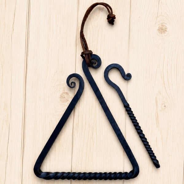 Fancy Dinner Bell – Cast Iron Old West Chuckwagon Triangle Dinner Bell with Striker and Leather Hanging Strap and Antiqued Finish