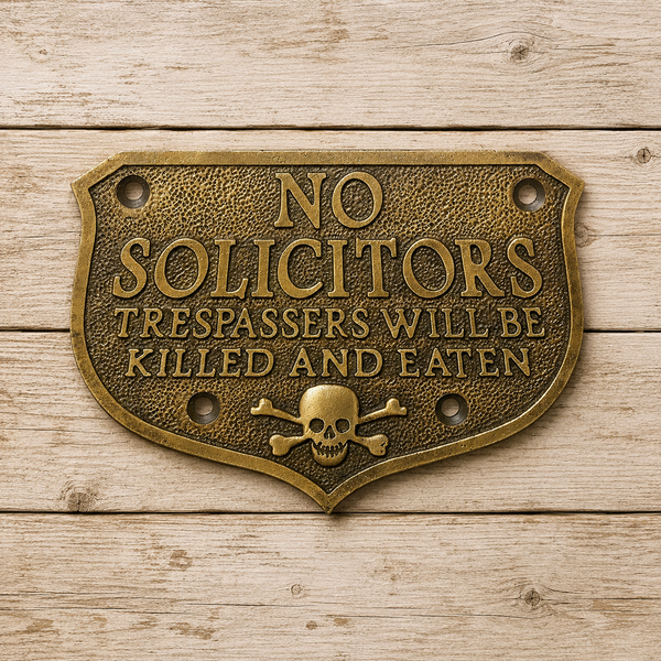 No Solicitors Solid Brass Sign Pirate Skull & Crossbones Embossed Antique Finish