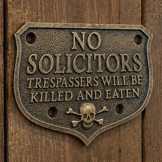 No Solicitors Solid Brass Sign Pirate Skull & Crossbones Embossed Antique Finish