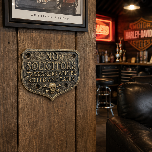 No Solicitors Solid Brass Sign Pirate Skull & Crossbones Embossed Antique Finish