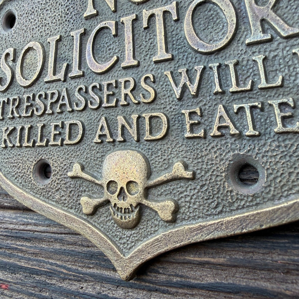 No Solicitors Solid Brass Sign Pirate Skull & Crossbones Embossed Antique Finish