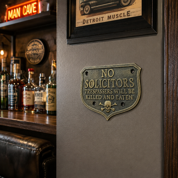 No Solicitors Solid Brass Sign Pirate Skull & Crossbones Embossed Antique Finish