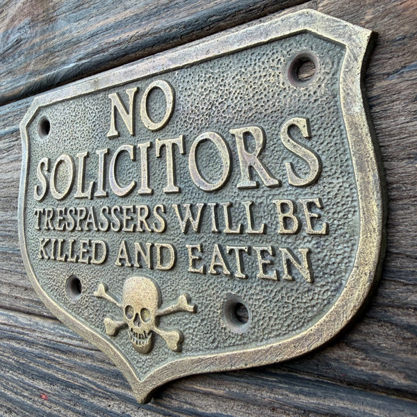 No Solicitors Solid Brass Sign Pirate Skull & Crossbones Embossed Antique Finish