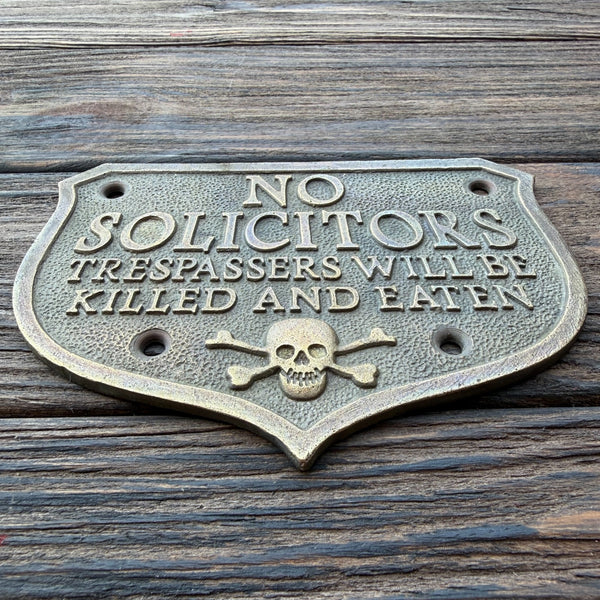 No Solicitors Solid Brass Sign Pirate Skull & Crossbones Embossed Antique Finish