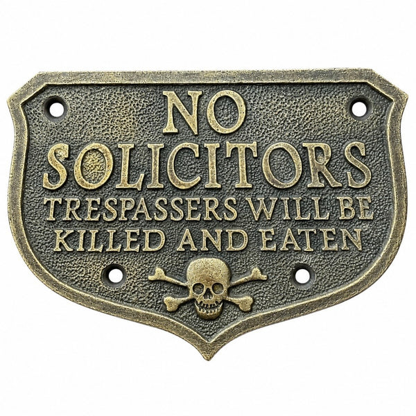 No Solicitors Solid Brass Sign Pirate Skull & Crossbones Embossed Antique Finish