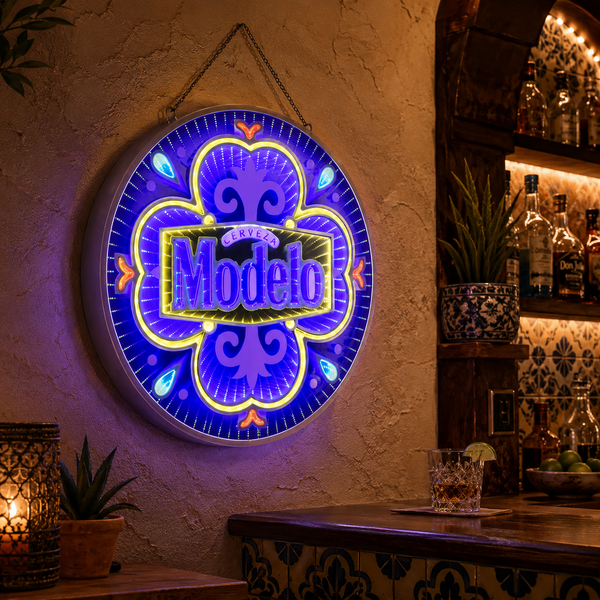 Modelo LED Infinity Mirror Wall Sign, Officially Licensed 18-Inch USB Lighted Beer Bar Decor for Man Cave, Home Bar, Garage and Game Room