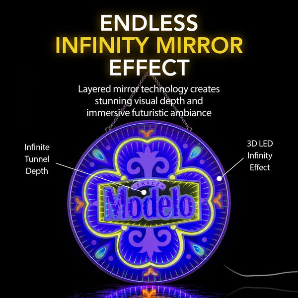 Modelo LED Infinity Mirror Wall Sign, Officially Licensed 18-Inch USB Lighted Beer Bar Decor for Man Cave, Home Bar, Garage and Game Room