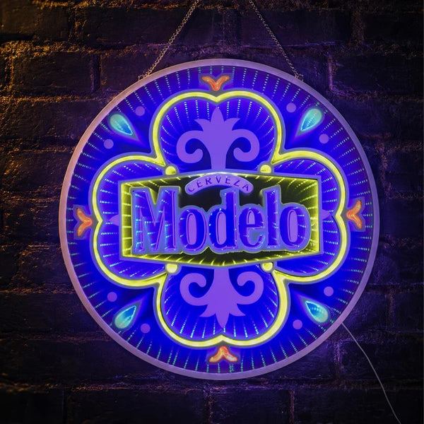 Modelo LED Infinity Mirror Wall Sign, Officially Licensed 18-Inch USB Lighted Beer Bar Decor for Man Cave, Home Bar, Garage and Game Room