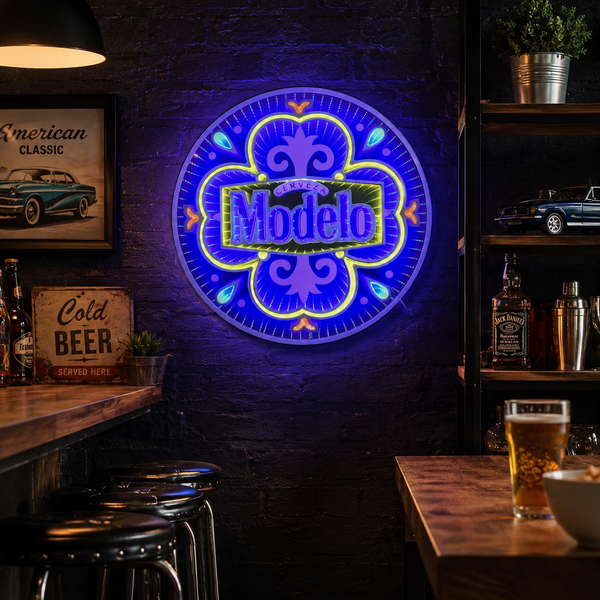 Modelo LED Infinity Mirror Wall Sign, Officially Licensed 18-Inch USB Lighted Beer Bar Decor for Man Cave, Home Bar, Garage and Game Room