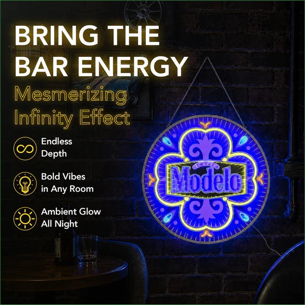 Modelo LED Infinity Mirror Wall Sign, Officially Licensed 18-Inch USB Lighted Beer Bar Decor for Man Cave, Home Bar, Garage and Game Room