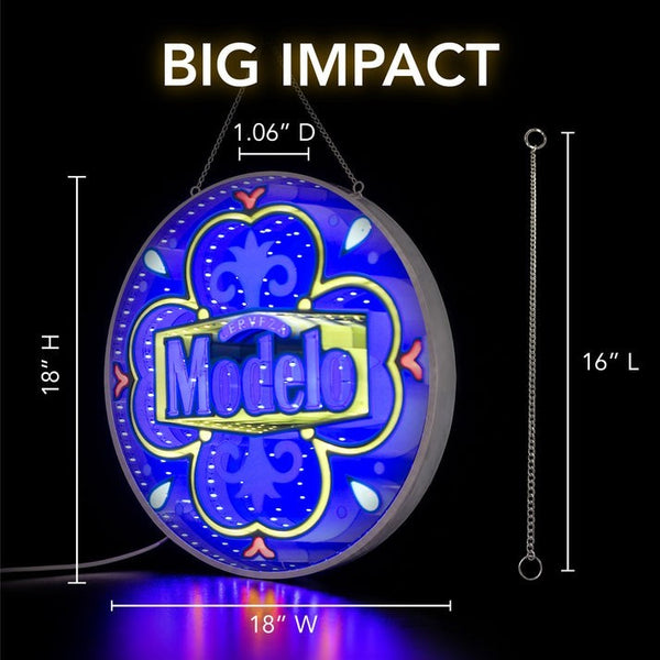 Modelo LED Infinity Mirror Wall Sign, Officially Licensed 18-Inch USB Lighted Beer Bar Decor for Man Cave, Home Bar, Garage and Game Room