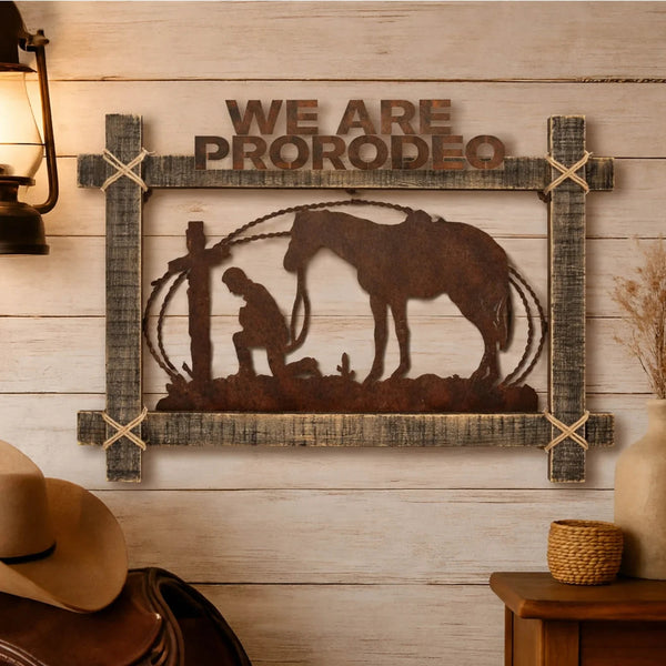 We Are ProRodeo Cowboy & Horse Framed Metal Wall Art – 26" Western Home Decor