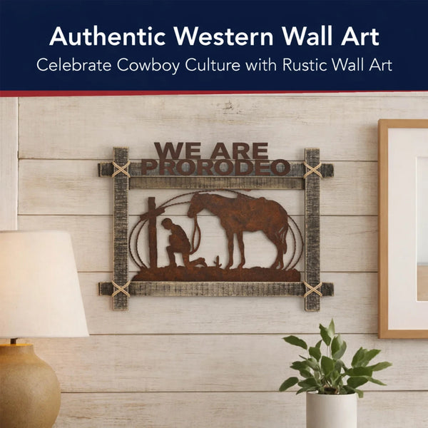 We Are ProRodeo Cowboy & Horse Framed Metal Wall Art – 26" Western Home Decor