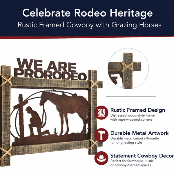 We Are ProRodeo Cowboy & Horse Framed Metal Wall Art – 26" Western Home Decor
