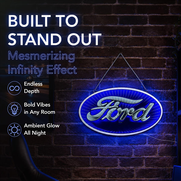 Ford Built Tough 18" Infinity Mirror LED Wall Sign Garage Man Cave Decor