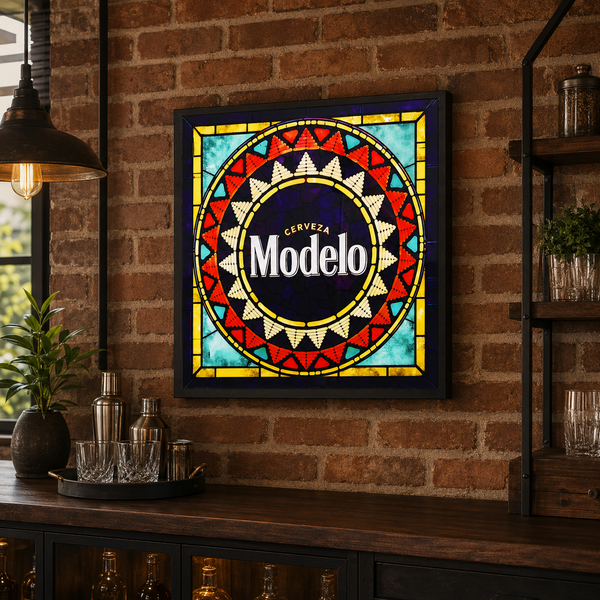 Modelo Cerveza 21" Faux Stained Glass Framed Wall Sign Man Cave Bar Home Decor