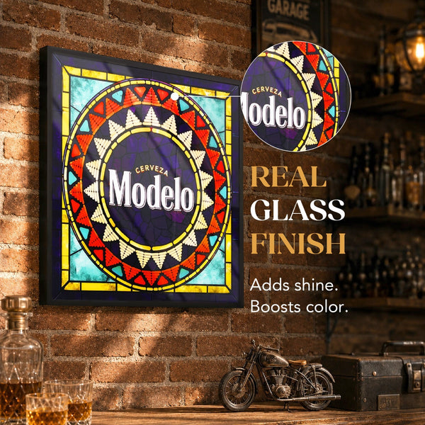 Modelo Cerveza 21" Faux Stained Glass Framed Wall Sign Man Cave Bar Home Decor