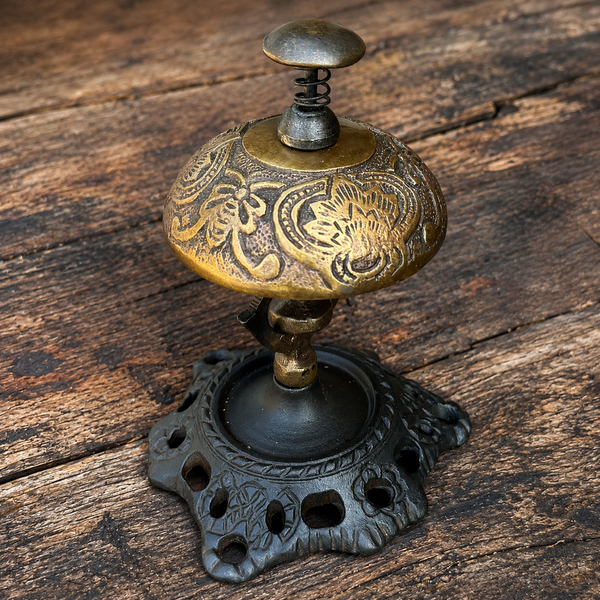 Ornate Brass Desk Bell on Cast Iron Stand Vintage Style Service Bell