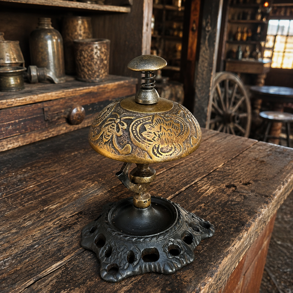 Ornate Brass Desk Bell on Cast Iron Stand Vintage Style Service Bell