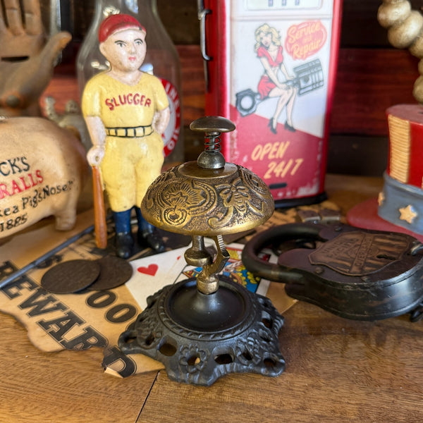 Ornate Brass Desk Bell on Cast Iron Stand Vintage Style Service Bell