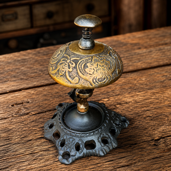 Ornate Brass Desk Bell on Cast Iron Stand Vintage Style Service Bell