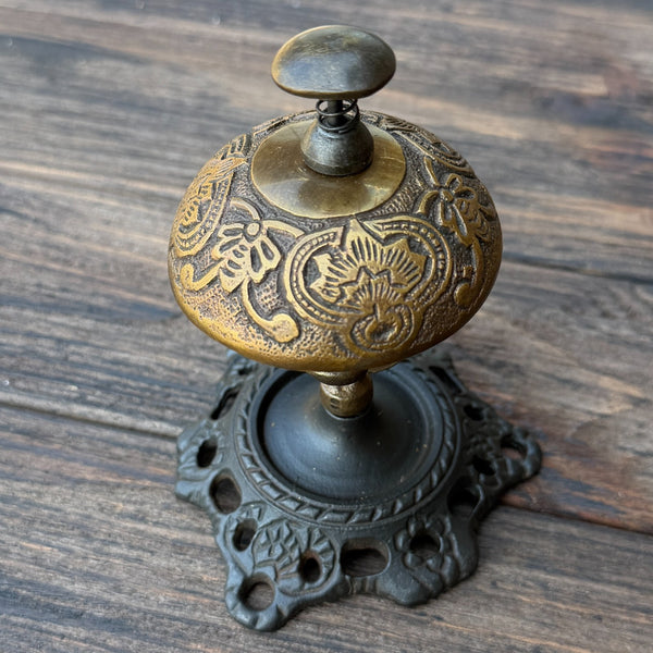 Ornate Brass Desk Bell on Cast Iron Stand Vintage Style Service Bell