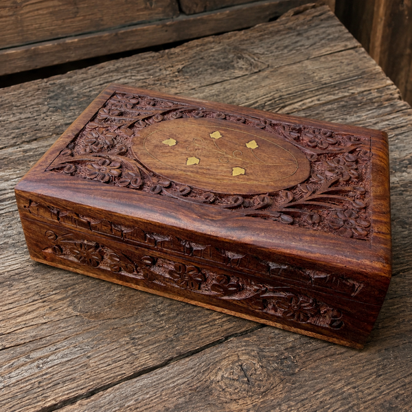 Ornate Carved Wood Jewelry Box Brass Inlay Velvet Lined Vintage Style