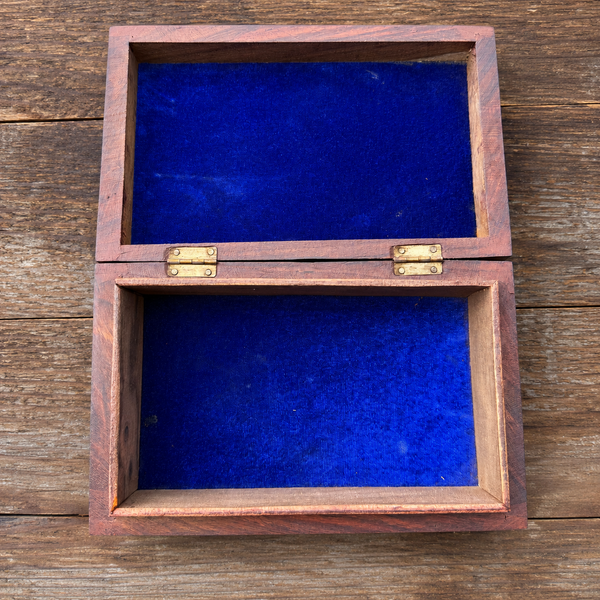 Ornate Carved Wood Jewelry Box Brass Inlay Velvet Lined Vintage Style