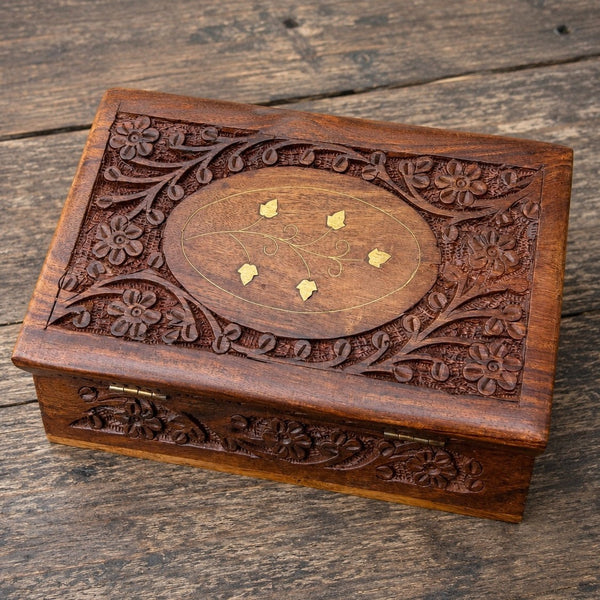Ornate Carved Wood Jewelry Box Brass Inlay Velvet Lined Vintage Style
