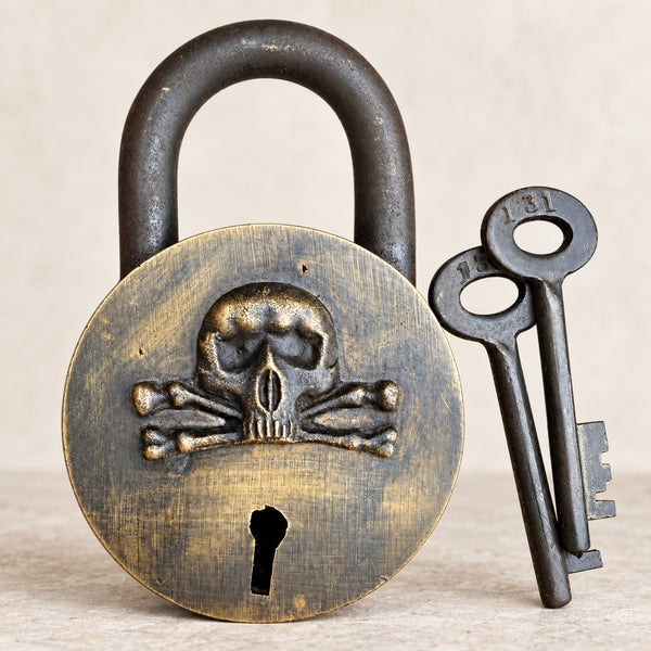 Pirate Padlock, Solid Brass Skull Lock With Two Keys, Antique Finish