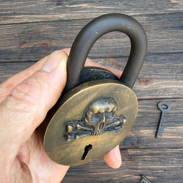 Pirate Padlock, Solid Brass Skull Lock With Two Keys, Antique Finish
