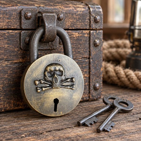 Pirate Padlock, Solid Brass Skull Lock With Two Keys, Antique Finish