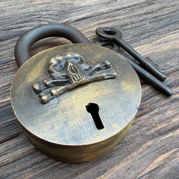 Pirate Padlock, Solid Brass Skull Lock With Two Keys, Antique Finish
