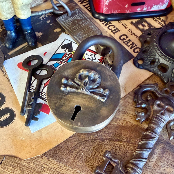 Pirate Padlock, Solid Brass Skull Lock With Two Keys, Antique Finish