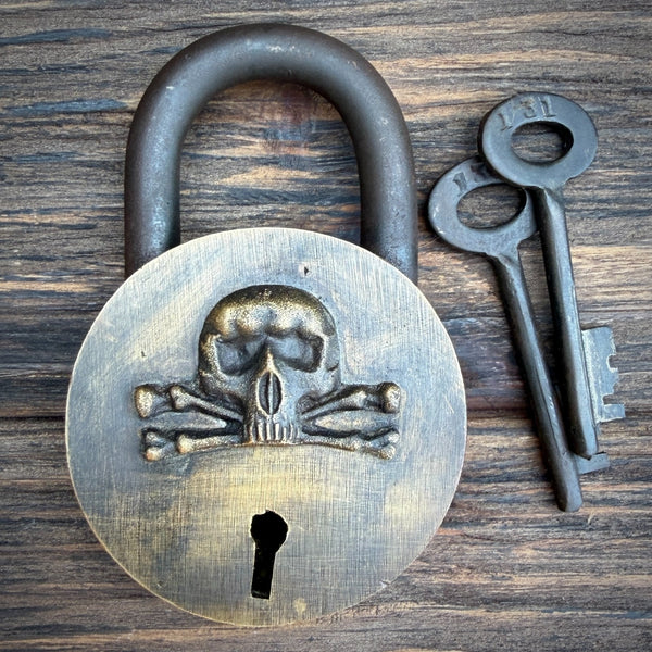 Pirate Padlock, Solid Brass Skull Lock With Two Keys, Antique Finish